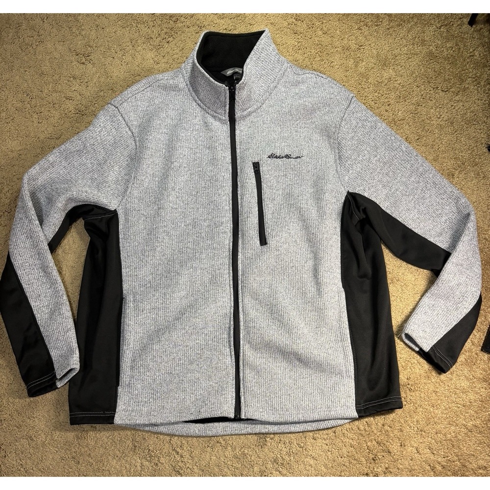 Eddie Bauer Men's Jacket XL Extra Large Gray Black Fleece Zipper Pockets Knit